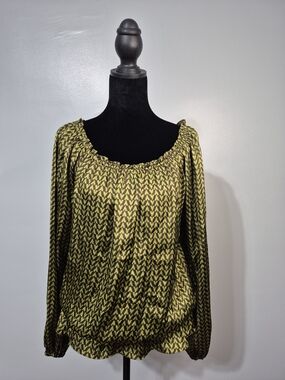 Michael Kors Peasant Blouse Green Brown Print Long Sleeve Elastic Waist Size M